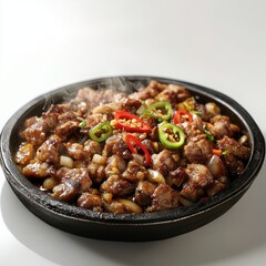Fototapeta premium Sizzling korean bbq beef with peppers in cast iron skillet Filipino Food Month
