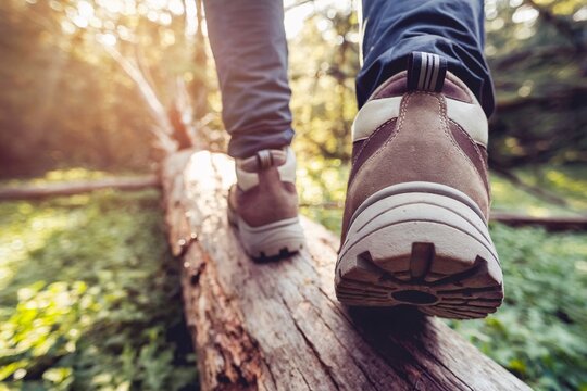 Close-Up of Feet Walking wearing Hinking Shoes on Wooden Log in Forest Setting
