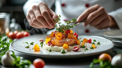 A chef plating a sophisticated dish with fine ingredients, garnishing it with herbs