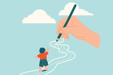 a hand holding pencil and draw path way for child , parenting support, family father mother concept, cartoon vector 
