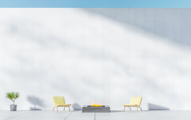 Modern outdoor lounge with minimalistic design and fire pit