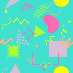 90s style patterns, bright colors, green, yellow, blue, peach to add a little pastel touch.