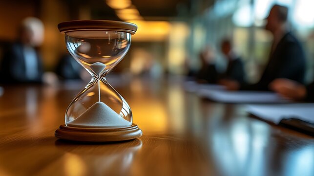 symbolic workplace scene featuring an hourglass on a table in a meeting room representing time management teamwork organization and corporate goal achievement