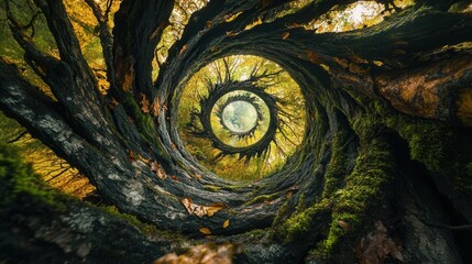 Intricate spiral of gnarled tree roots and branches