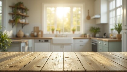 An empty wooden table with a bright white kitchen interior with a blurred background bathed in the early morning sun