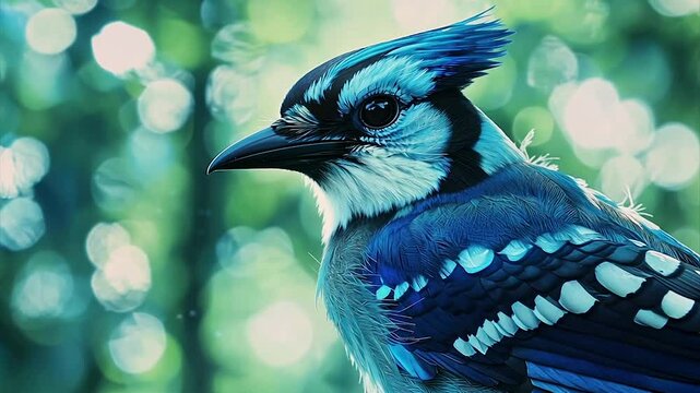 Vibrant blue bird with crested head, detailed feathers, in a bokeh background