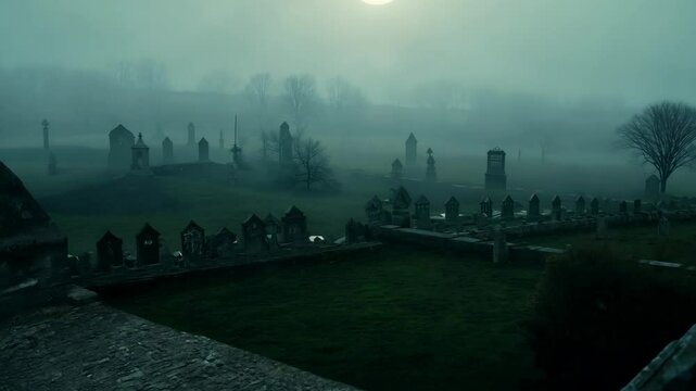 foggy cemetery with rows of tombstones, a lone tree, and a misty landscape. The eerie atmosphere is enhanced by the dim light and the obscured background
