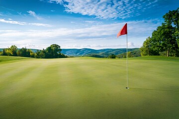 Obraz premium Beautiful Golf Course Landscape with a Flagpole on a Sunny Morning