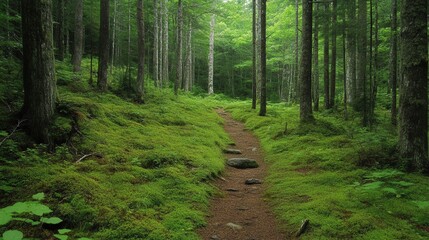 Lush forest path through mossy ground