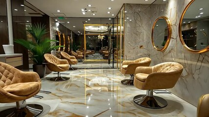 Luxurious salon interior with marble floors, gold accents, and plush leather chairs