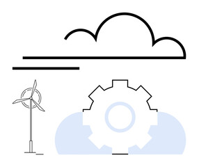Wind turbine, gear, and cloud illustrate sustainable energy, efficiency, and innovation. Ideal for science, environment, sustainability, technology renewable power engineering flat simple metaphor