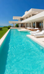 Fototapeta premium Luxury villa with swimming pool and ocean view under clear blue sky