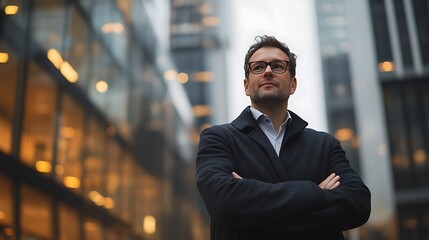 Fototapeta premium modern businessman looking over the city with a confident pose and thoughtful expression reflecting success motivation future planning and corporate ambition with copy space