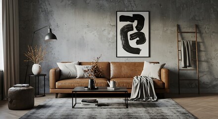 A cozy leather sofa in a modern living room, styled with understated elegance and warm earthy tones, showcasing a dramatic black and white abstract painting above.