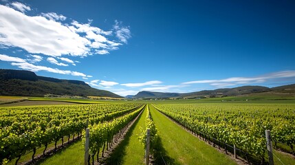 Naklejka premium Expansive vineyard landscape under a bright blue sky with rolling hills in the background