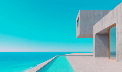 Modern architectural masterpiece with ocean view and infinity pool in bright daylight