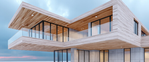 Fototapeta premium Modern architectural design of a stylish house overlooking the horizon during twilight