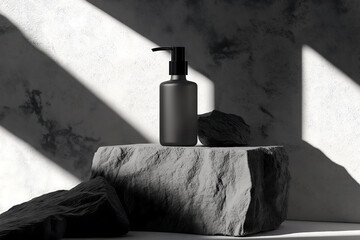 Realistic mockup of a premium skincare bottle with frosted glass and matte black pump on a textured stone surface. Clean, minimal composition with soft natural light.