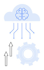 Brain in cloud connects to circuits, with gear and upward arrows representing innovation, AI, progress, technology, and machine learning. Ideal for tech trends, cloud computing, automation AI
