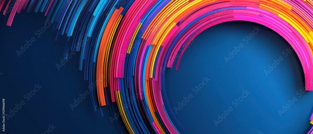 Poster vibrant abstract background with colorful arc shapes on blue backdrop, creating a dynamic and modern