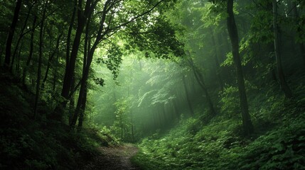 Obraz premium Misty forest path. Lush greenery, sunlight filtering through canopy