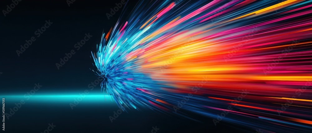 Poster abstract colorful explosion with light trails on dark background concept of speed, data flow, and te
