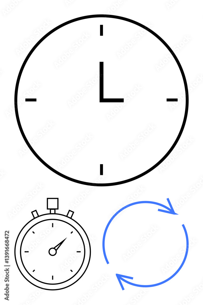 Poster analog clock, stopwatch, and circular arrows emphasize time, efficiency, deadlines, and iterative pr