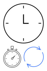 Analog clock, stopwatch, and circular arrows emphasize time, efficiency, deadlines, and iterative processes. Ideal for productivity, cycles, planning workflow scheduling deadlines strategy