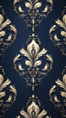 Gold Floral Phone Wallpaper 4K Vertical Background with Intricate Patterns on Navy Blue for a Vintage Look

