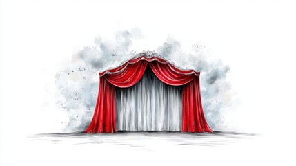 Red curtain with watercolor design in a european marionette theater setting for puppet shows and performances
