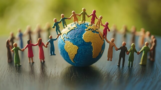 group of diverse people holding hands forming a circle around the globe representing environmental unity global teamwork and shared responsibility for nature preservation