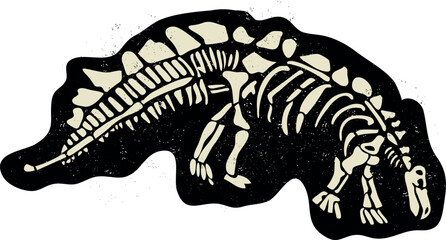 Vintage vector illustration of a dinosaur skeleton fossil. Prehistoric stegosaurus bones with grunge texture, ideal for t-shirts, posters, and educational materials