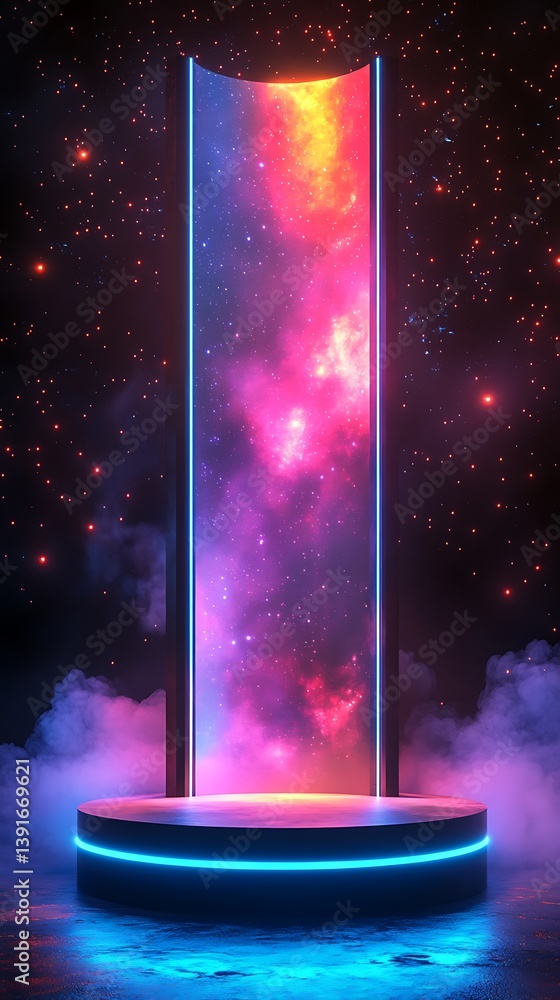 Aufkleber cosmic gateway: an ethereal display of the cosmos framed within a futuristic portal, set against a b