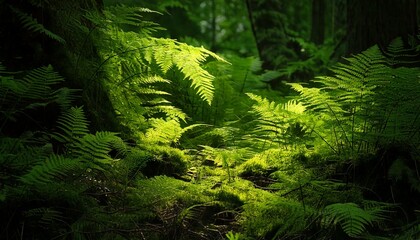 Fototapeta premium Lush forest floor with layers of green leaves and ferns, soft ambient lighting