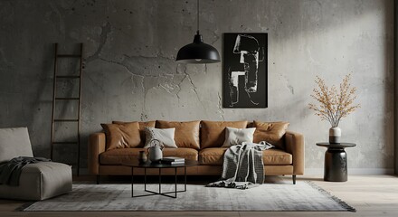 A modern living room, serene and stylish, features a tan leather sofa, a black and white abstract art piece, and a rustic ladder against a textured concrete wall, bathed in soft, natural light.