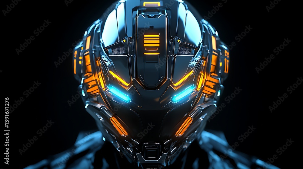 Poster cybernetic sentinel: a futuristic helmet with glowing eyes and advanced features, exuding an aura of