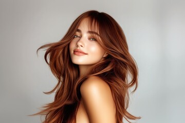 Naklejka premium Brunette woman soft waves, expressive smile with hair flow, stylish modern portrait in warm light, gentle and youthful fashion composition