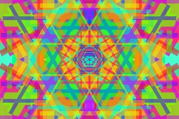 A vibrant geometric abstract art piece featuring a kaleidoscope effect. Bright, overlapping shapes form intricate patterns with a multi-colored palette. Symmetrical arrangements create a focal point