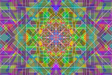 Vibrant geometric pattern featuring a kaleidoscope of colors. The design consists of intersecting lines and shapes such as squares, triangles, and rectangles, forming symmetric and repetitive patterns