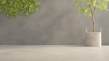 Obraz premium Indoor plant decor with potted tree against minimalist backdrop in contemporary space