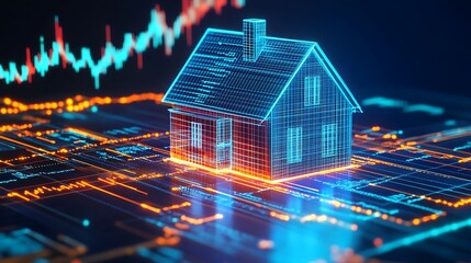 real estate trends and market analysis depicted by digital house on financial chart showing investment opportunities housing prices and economic growth