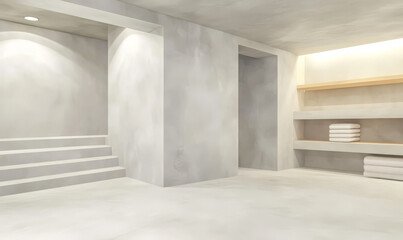 Modern minimalist interior design in a spacious wellness area with shelves and lighting