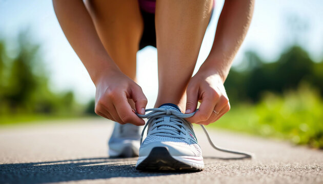 Runner tying shoelaces before a jog, with a focus on the sneaker and outdoor setting.