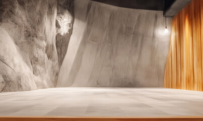 Modern minimalist interior design with natural stone and wooden accents in a spacious setting