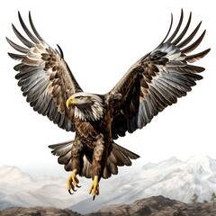 Fototapeta premium Majestic Eagle in Flight: An impressive eagle soars through the sky, wings outstretched, symbolizing freedom and strength in a photorealistic depiction.