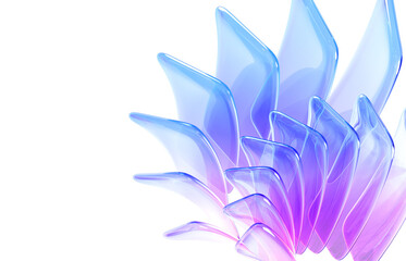 3d abstract geometric background with translucent rainbow glass in shape flower. Iridescent crystal rectangle curved wavy plates with blue and pink gradient texture, light refraction