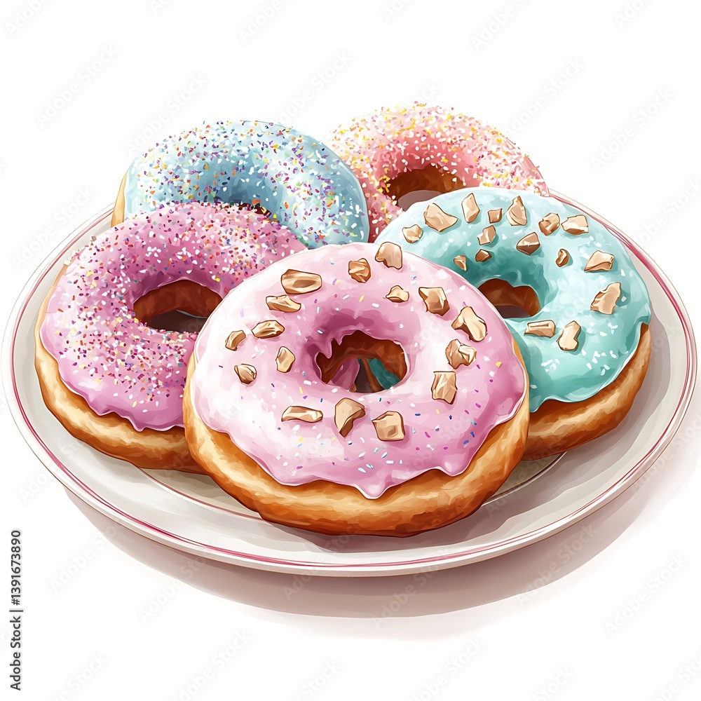 Poster sweet array: an artistic rendering of a plate piled high with colorful doughnuts, each adorned with 