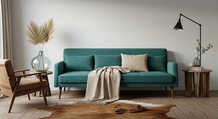 A serene teal velvet sofa invites relaxation in a minimalist living room, bathed in soft natural light and accented with warm wood tones.