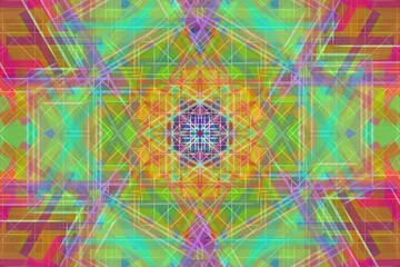 Abstract artwork featuring vibrant geometric patterns in a kaleidoscopic arrangement. shapes like triangles, squares, and crosses overlap symmetrically in layers, creating a complex, intricate design.