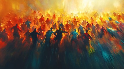 Crowd fleeing fiery chaos; apocalyptic background; concept art